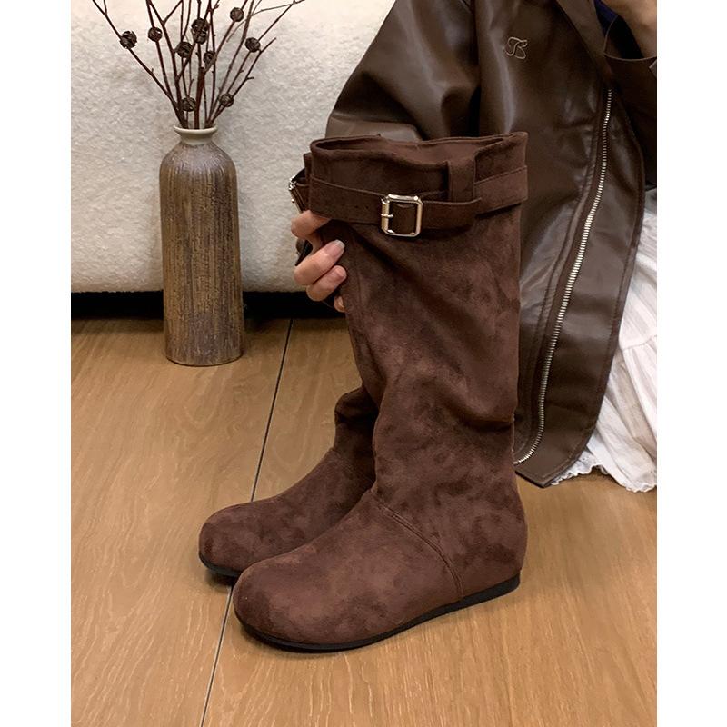 Inner heightening boots Year-old folds Suede but knee-high boots European and American thin boots