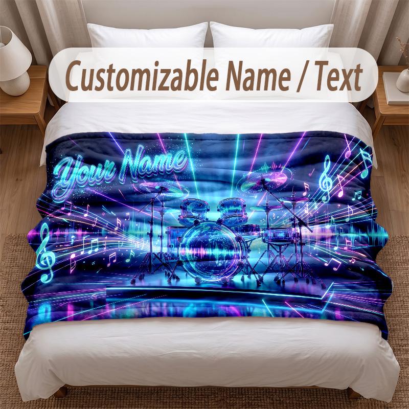 Music Drums Theme Soft Blanket Personalized Custom Name Text Print Warm Blanket Home Sofa Bedroom Decor