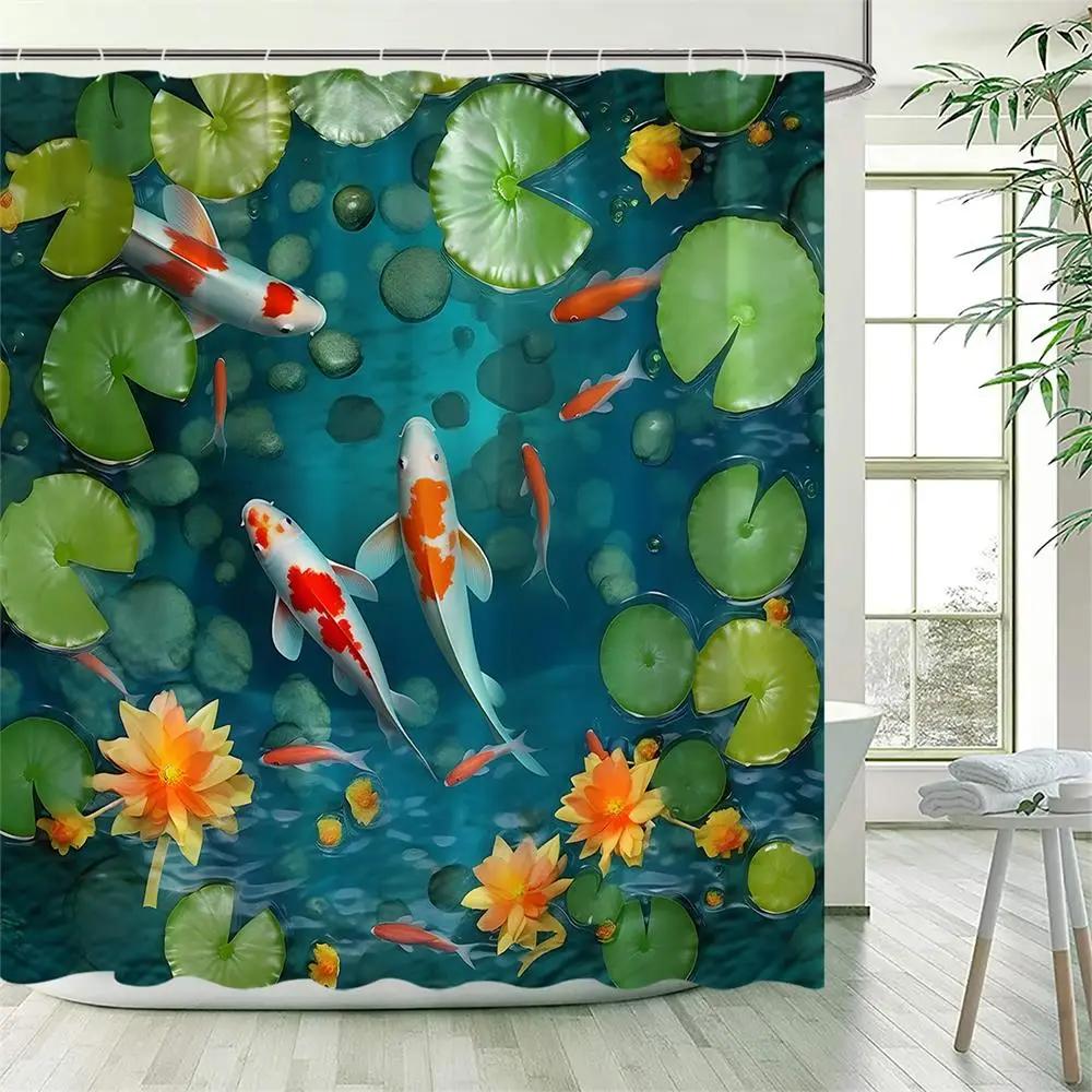 Pink Floral Carp Shower Curtains Watercolour Cherry Blossom Flowers Koi Fish Polyester Fabric Bathroom Curtain Decor with Hooks