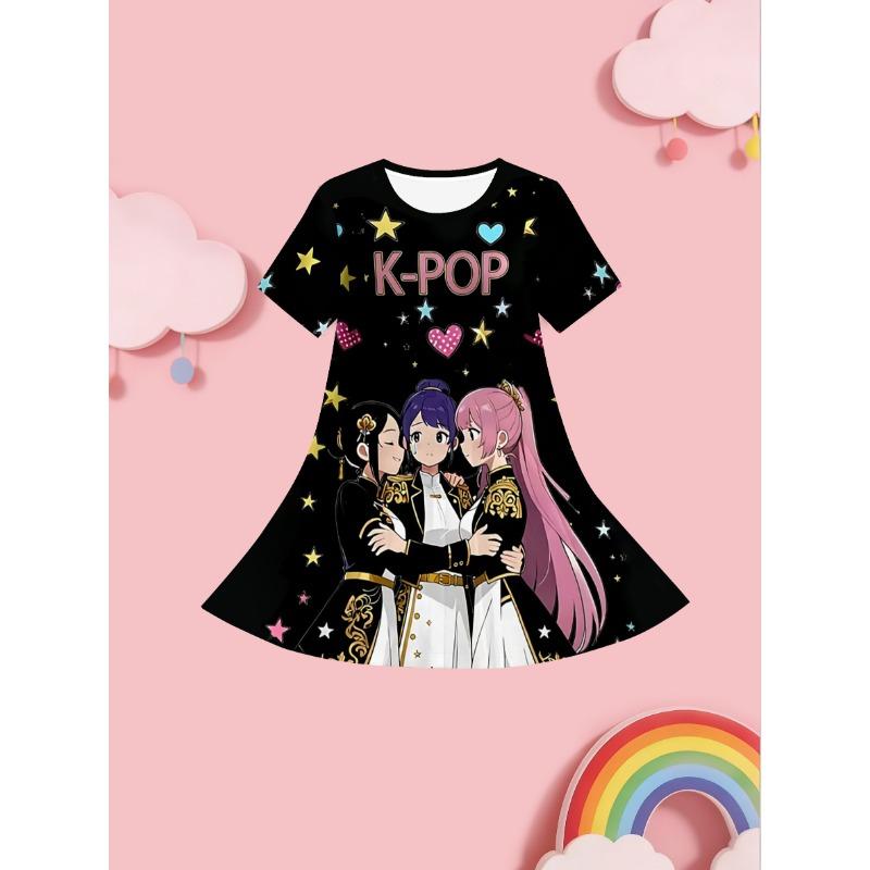 Girls  Summer Fashion Short-Sleeve Cute Casual Dress, 3D Printed Casual Dress 110