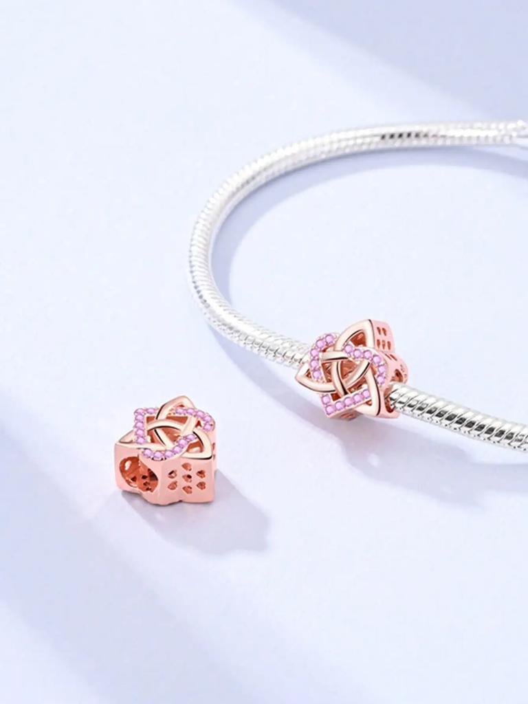 Copper Plated Original Charms Valentine'S Day Pink Heart Beads Fit Bracelet Women'S Jewelry Gift