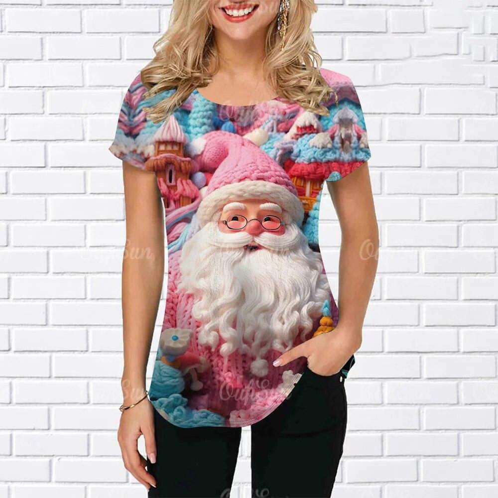 Summer Round Neck 3D Christmas Print Top Fashionable Casual Short Sleeved Women's T-shirts