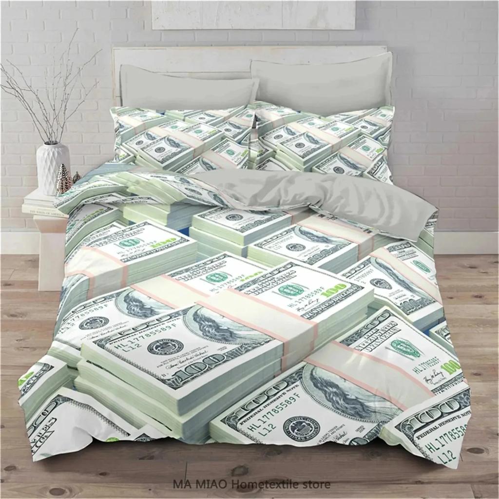 3D Modern Money Bedding Set Dollar Motif Printed Duvet Cover Vivid Comforter Cover 3 Pieces Money Pattern Funny Soft Bed Set