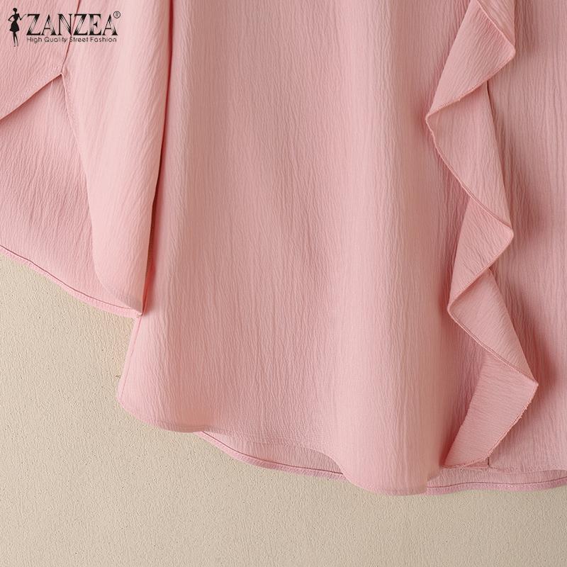 ZANZEA Womens Summer V-Neck 3/4 Sleeve Loose Ruffles Blouse