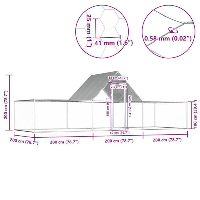 VidaXL Poulailler Enclos Clapier Cage Animaux Lapin Canard 6x2x2 m Acier 144562