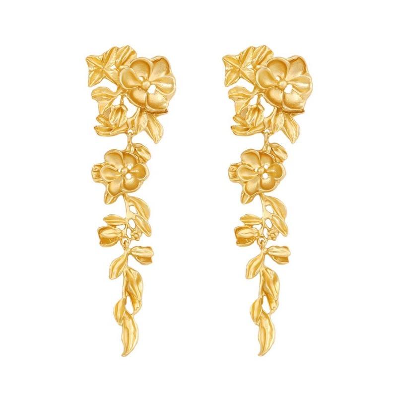 High-end Gold Flower Earrings, Retro Horse Face Dress Stud Earrings, Exaggerated and Elegant Long Dangling Earrings