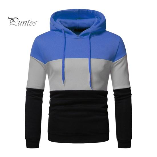 Men Fall Winter Hoodie Colorblock Drawstring Long Sleeves Big Pocket Hooded Retro Thin Loose School Daily Wear Casual Sport Top