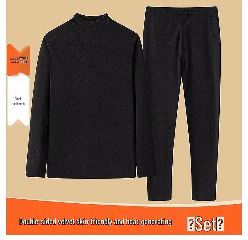 Men's Korean Fleece Set: Long Sleeve, Long Pants, High Neck, Double-Sided, Warm Base Layer for Autumn and Winter