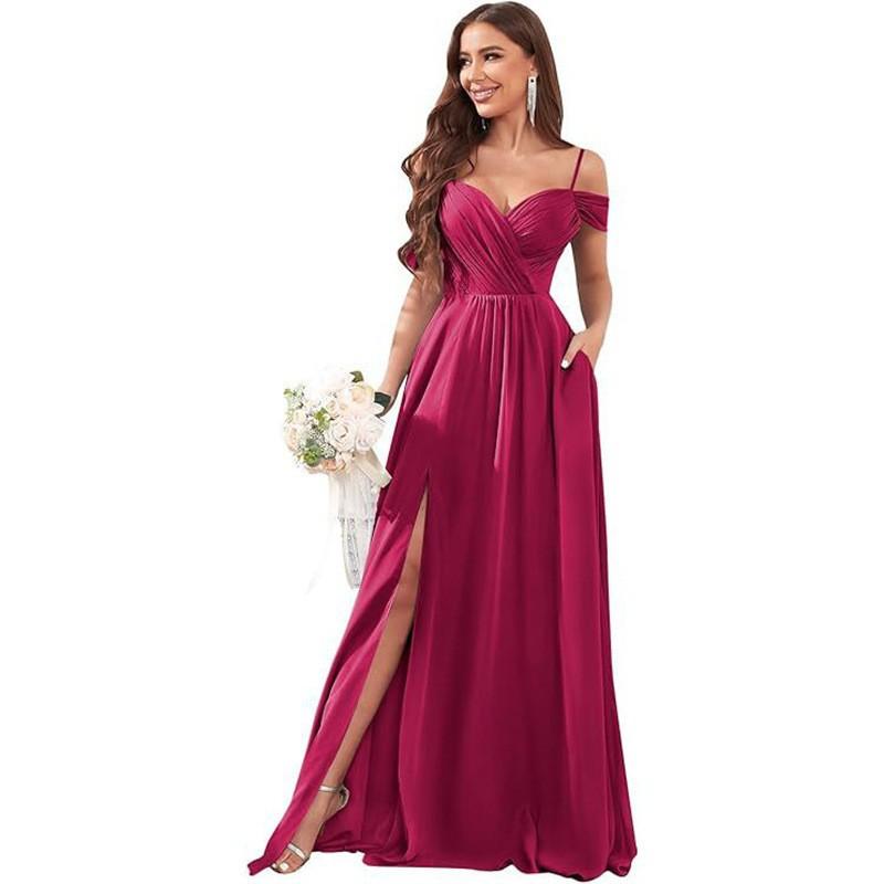 1011 new evening dress European and American bridesmaid dress suspender long dress solid color banquet evening dress