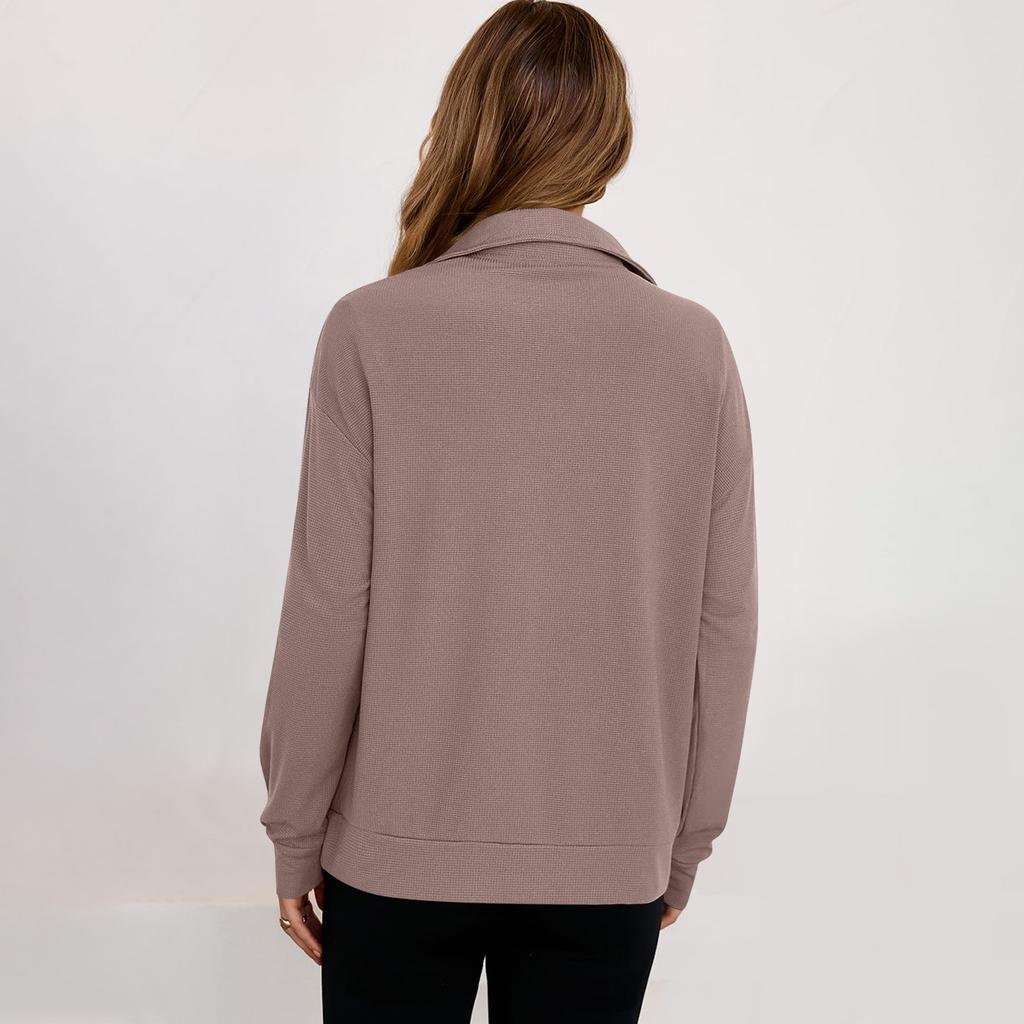 Women's Fashion Solid Color Zipper Lapel Solid Color Casual  Sweatshirt Top