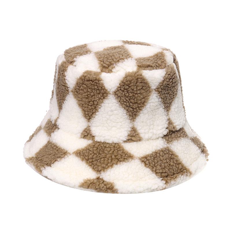 Spot 2025 autumn and winter Europe and America new warm geometric rhombus lattice bucket hat lamb wool pot hat foreign trade