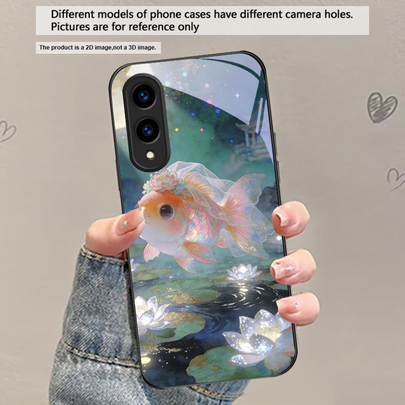 

Cute white veil goldfish For Samsung Galaxy S20 S21 S22 S23 Plus S24 FE S25 Ultra S26 Edge S25+ S20+ S22+ Black Glass Phone Case Galaxy S25 Edge