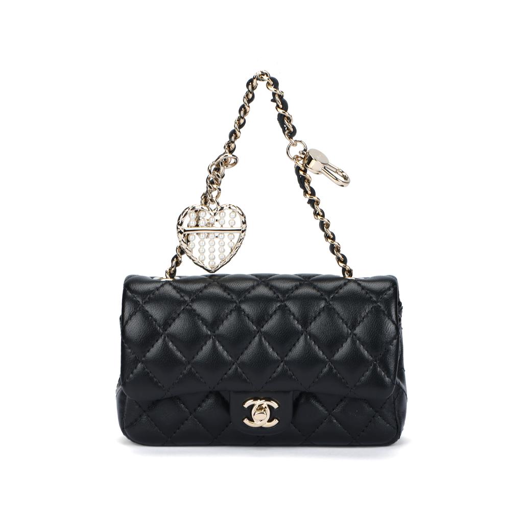 Chanel 25a Doppel-C-Logo Lederkette Rautenmuster Perle Mit Hakenverschluss Lammfellmaterial Goldene Beschläge Münzbörse Mini Damenmodell Schwarz