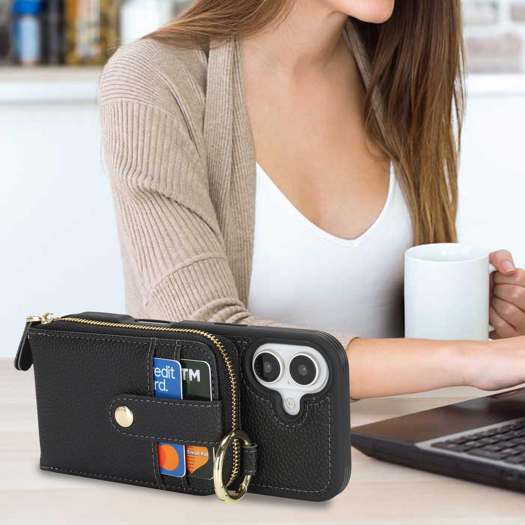 For iPhone 17 Case with Zipper Pouch / Ring Kickstand / Strap Litchi Texture PU + TPU Phone Cover