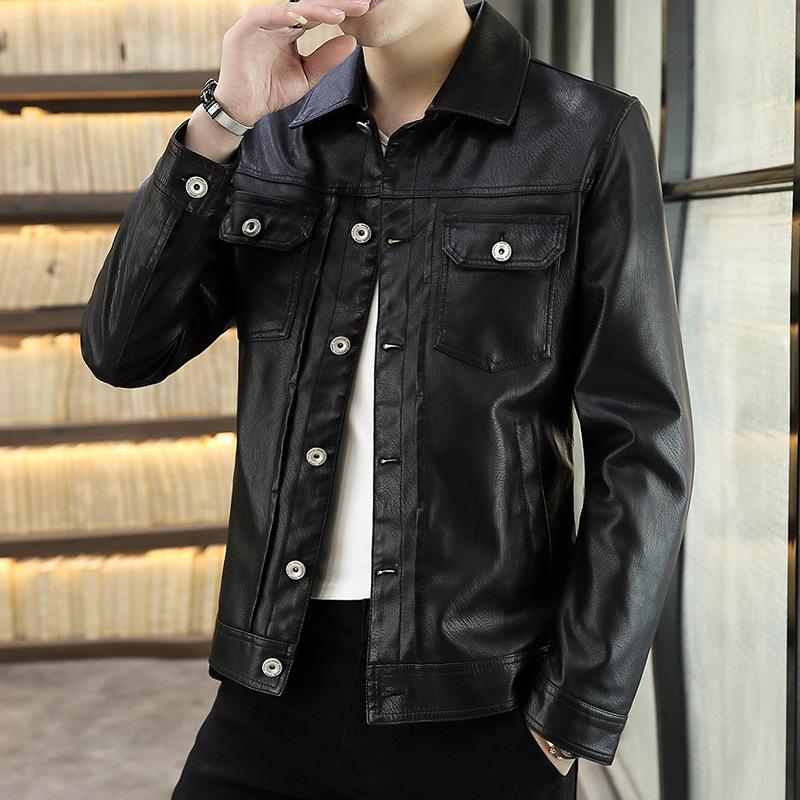New men's leather jacket, Korean version, slim, trendy, young and handsome, casual winter plus fur collar leather jacket