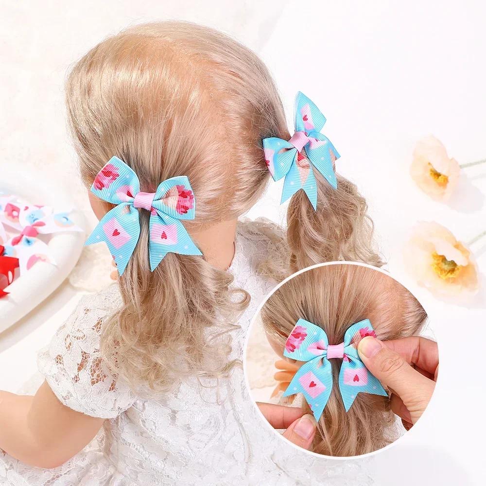 2Pcs/set 2.36''  Valentine's Day Printed Bow Hairclips for Girls Children Ribbon Hair Bows Clip Cheer Up Hair Accessories Gifts
