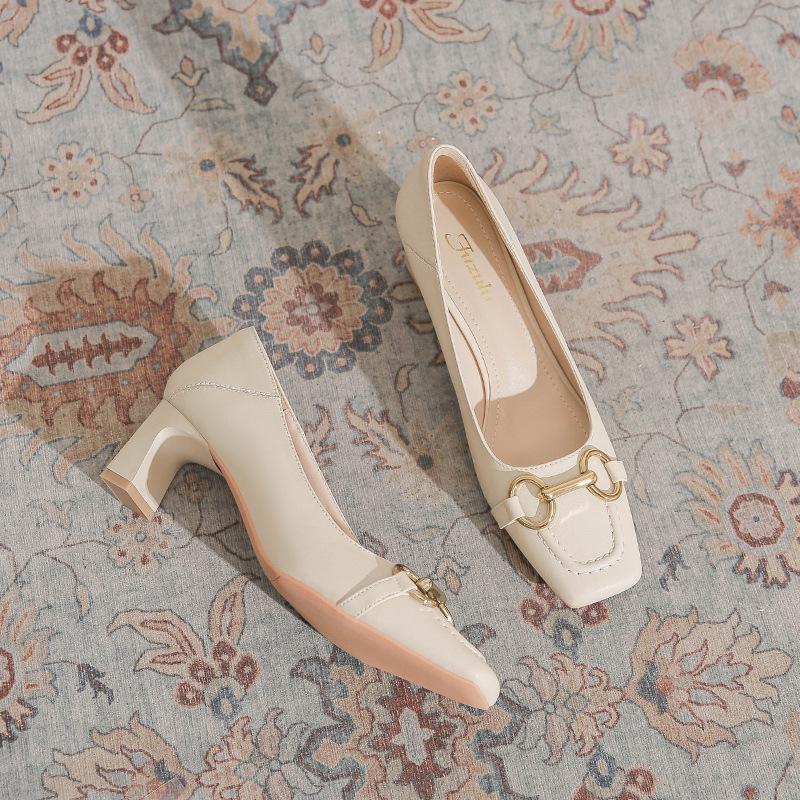 2169-2 Thick Heel Horse Line Buckle Square Head French Fashion High Heels Batch Customization Shoes Can Be Changed LOGO