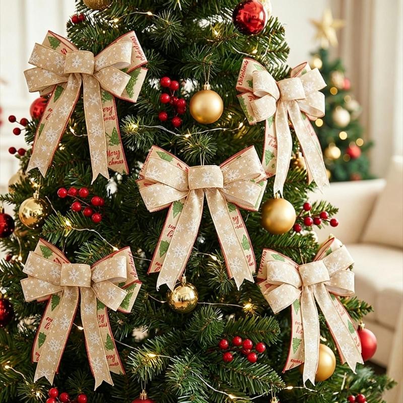 Double Layer Christmas Bowknot Decoration Set of 4 Soft Fabric Ribbon Ornaments with Stitched Center for Seasonal Home Styling
