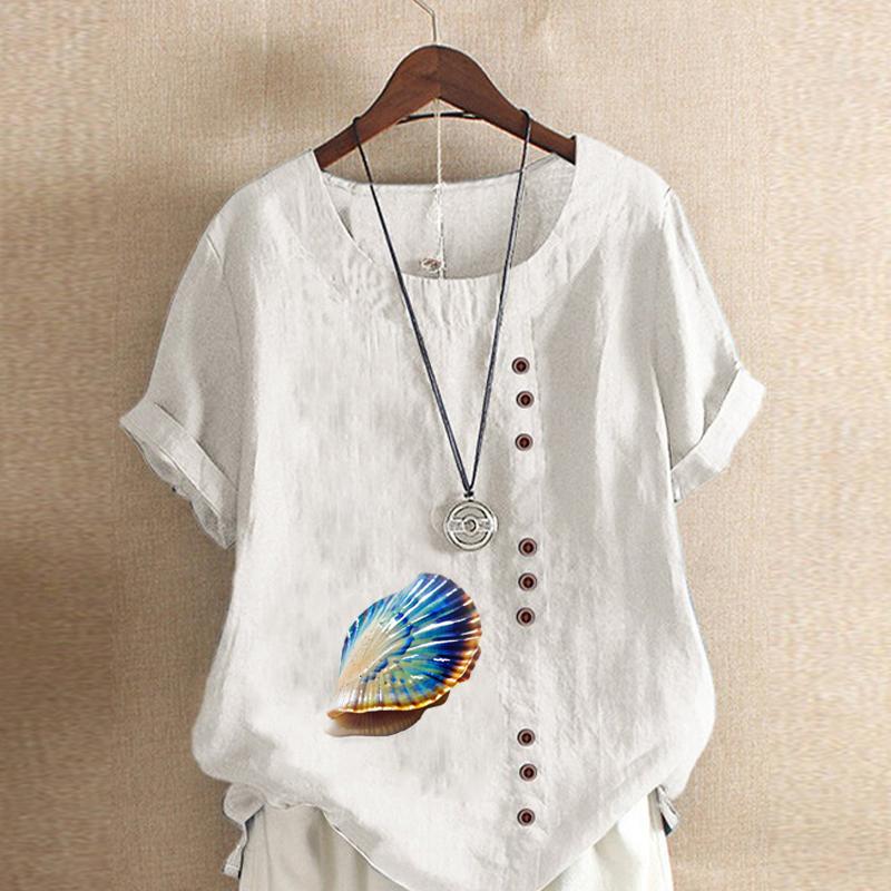 Women's Fashion Round Neck Short Sleeve T-shirt Casual Cotton Linen Graphic Shirt Shell Prined Summer Blouse Tops Plus Size