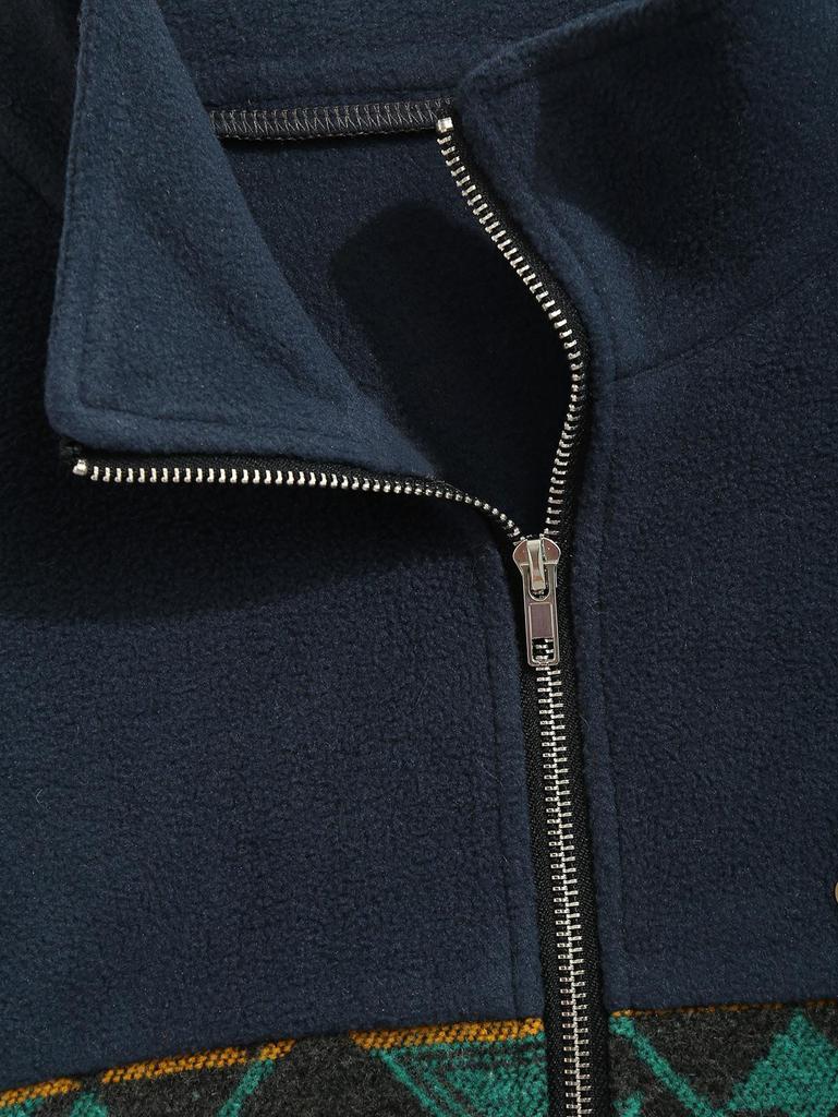 ZAFUL Erkek Etnik Aztek Baskılı Eğik Cepli Fermuarlı Dik Yaka Tüylü Polar Polar Ceket