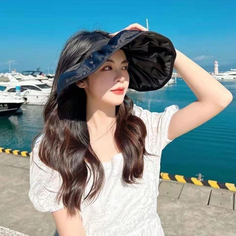 WTEMPO Summer UV Resistant Sunshade Hats Empty Topped Shell Sun Hats Face Covering Hair Hoops Sunscreen Caps Simple Solid Color Foldable Sun Hat