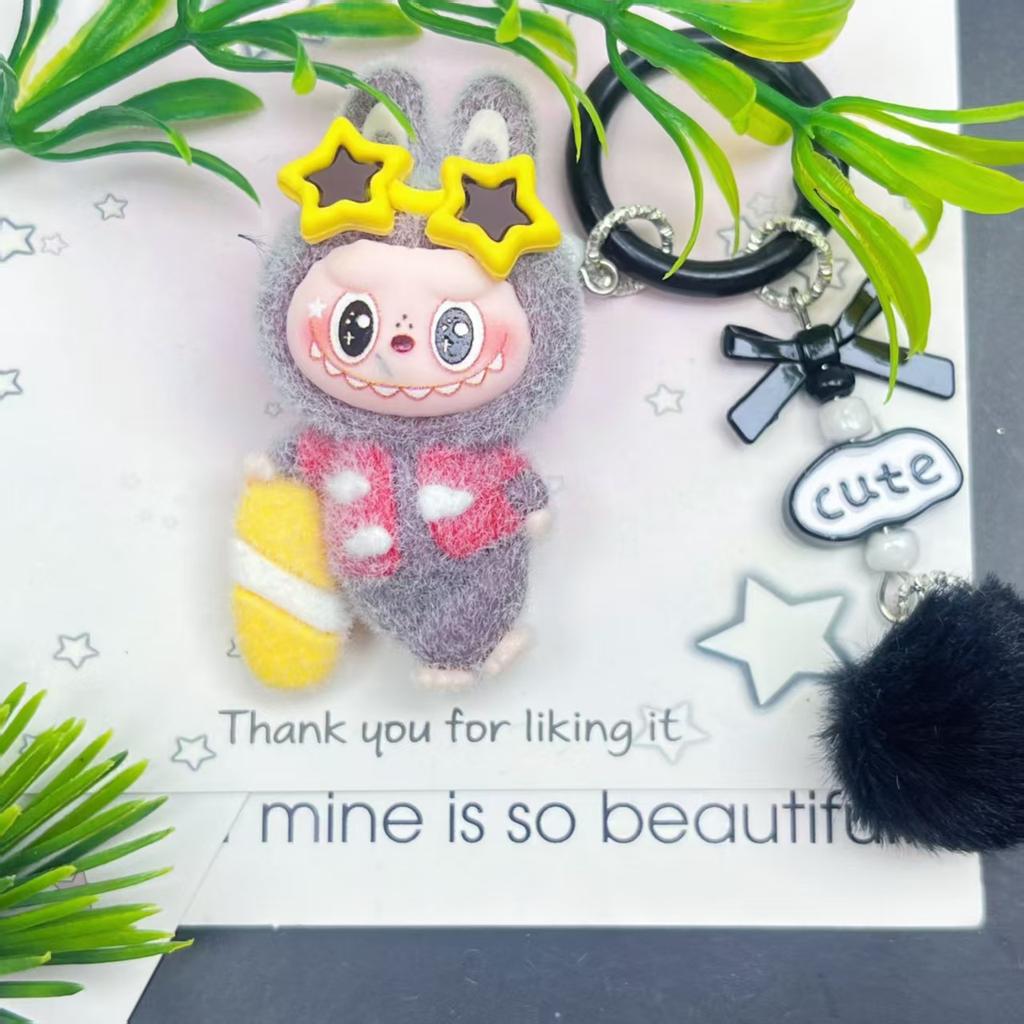 Tide Play Flocking Cute Doll Keychain Pendant Mini Car Desktop Ornament