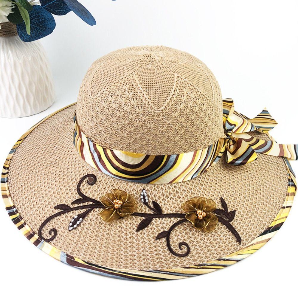 Trendy Flower Ribbon Women's Sun Hat Wide Brim Lightweight Bucket Hat UV Protection Breathable Straw Hat Summer Outdoor