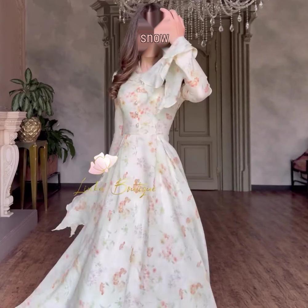 2025 Autumn French-Style Long Square Neck Printed Dress for Women
