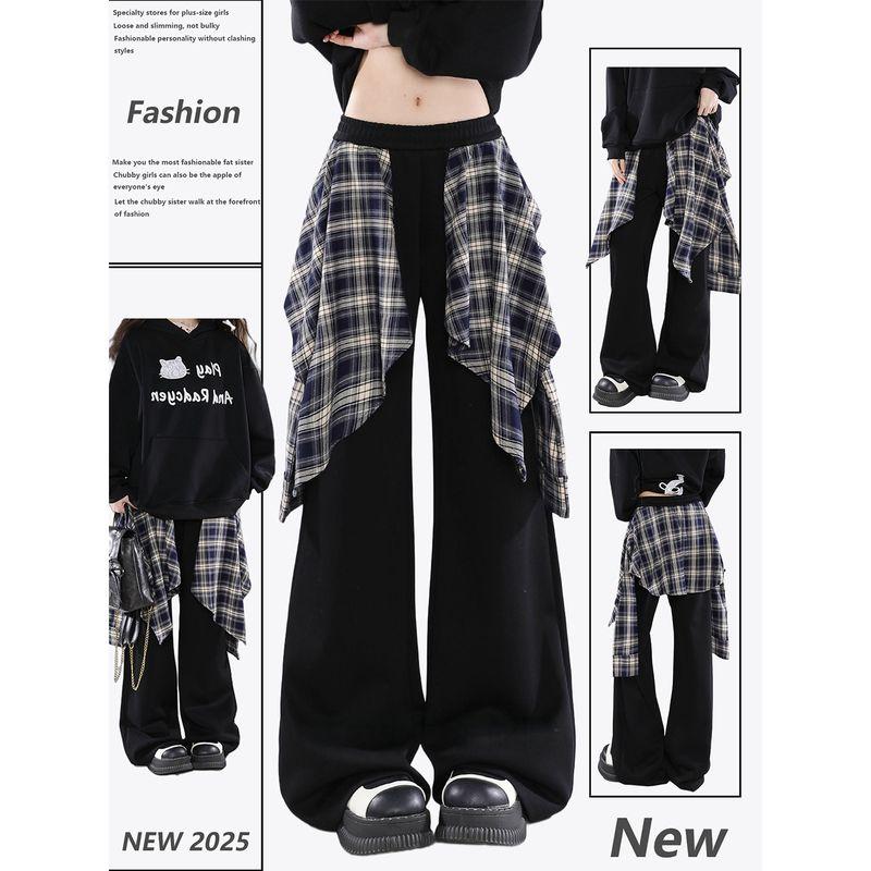 

Plus-Size Women s American Street Style Fake Two-Piece Patchwork Skirt Hem Long Pants Jazz Dance Wide-Leg Casual Pants Trendy Black [High-Quality Fabric] 2