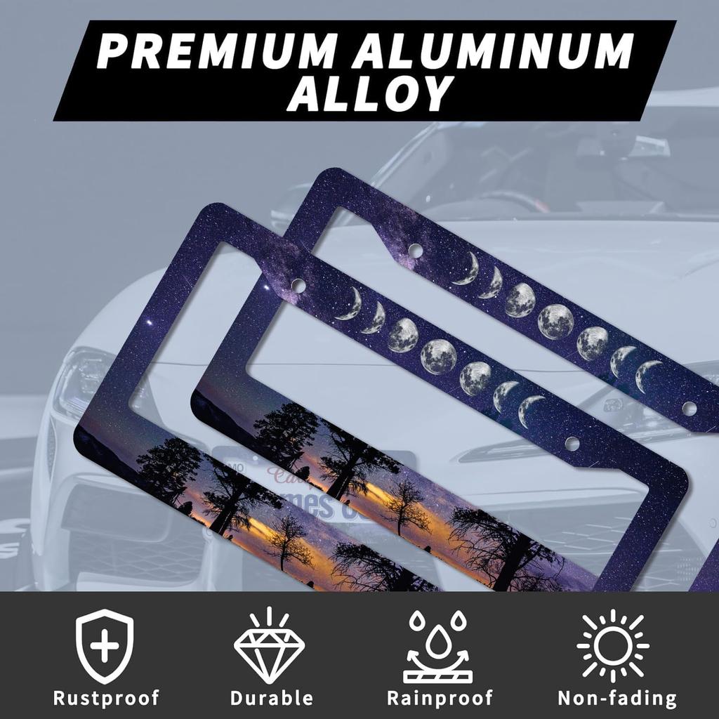 Moon Starry Sky License Plate Frame,Forest Funny Cute License Plate Frame 2 Pack Car Accessories Aluminum License Plate Covers for Men Women 2 Holes