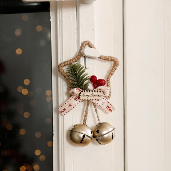 Christmas Jingle Bell Rustic Iron Door Hanging Star Bell with Bow Pine Picks Red Berry for Christmas Wreath Gift Wrapping Craft Home Decor