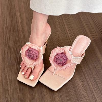 Damen Hausschuhe Blumendekor Einwort Hochhackige Coole Hausschuhe Damen Lässig Modisch Peeptoe Dünnabsatz Sandalen Sandalias Mujer