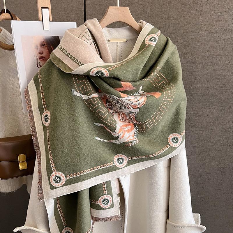 Luxury Winter Faux Cashmere Scarf for Women Fashionable Thickened Little Horse Design European And American Style Warm Shawl