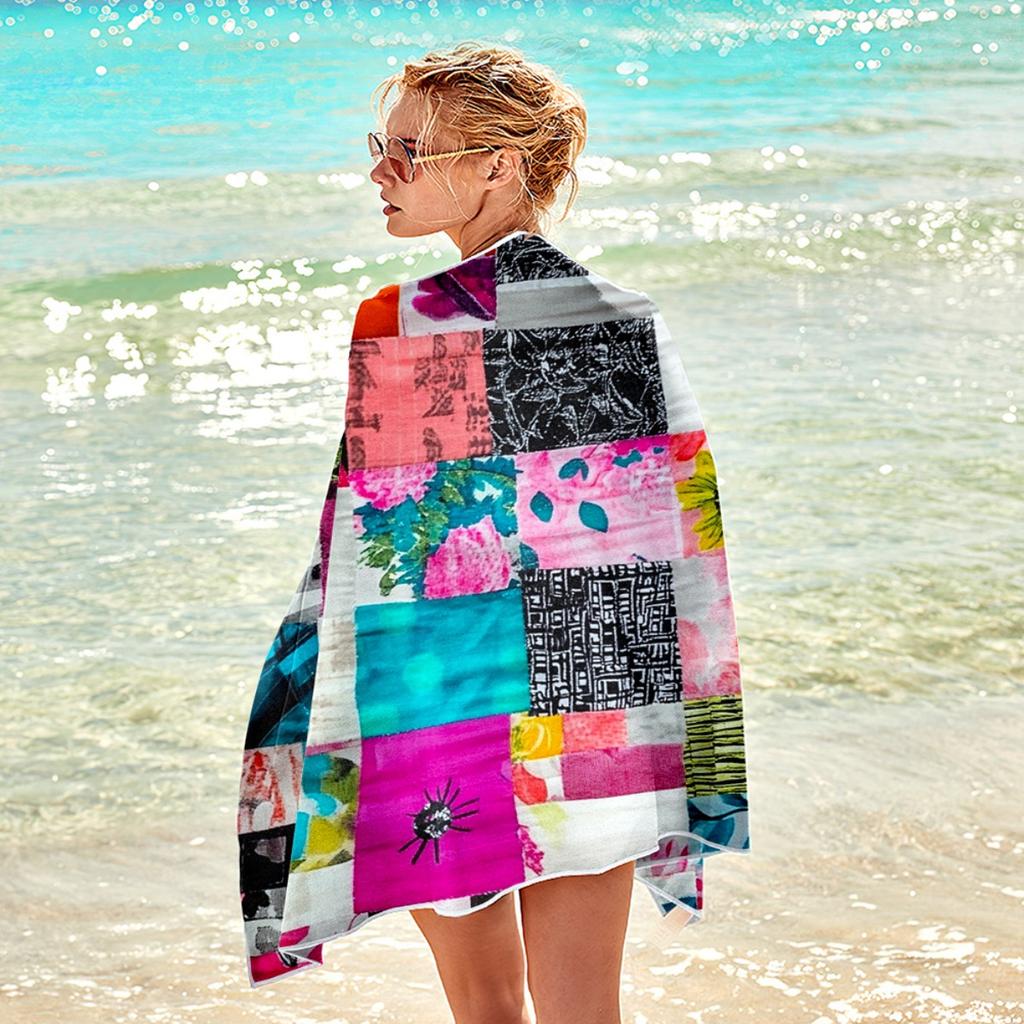 Large Microfiber Beach Towel 2D Flat Printed Colorful Patchwork Sand Free Soft Absorbent Bath Towel For Beach Pool Travel 1PC