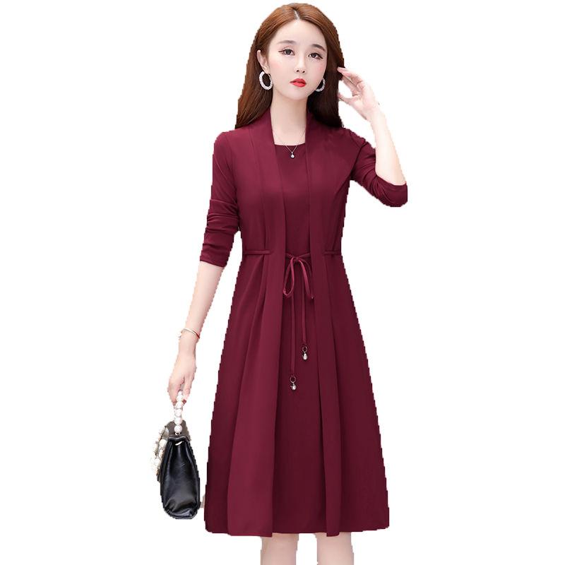 Spring & Autumn Long-Sleeve Two-Piece Dress for Middle-Aged Women - Slim Fit, Medium Length
