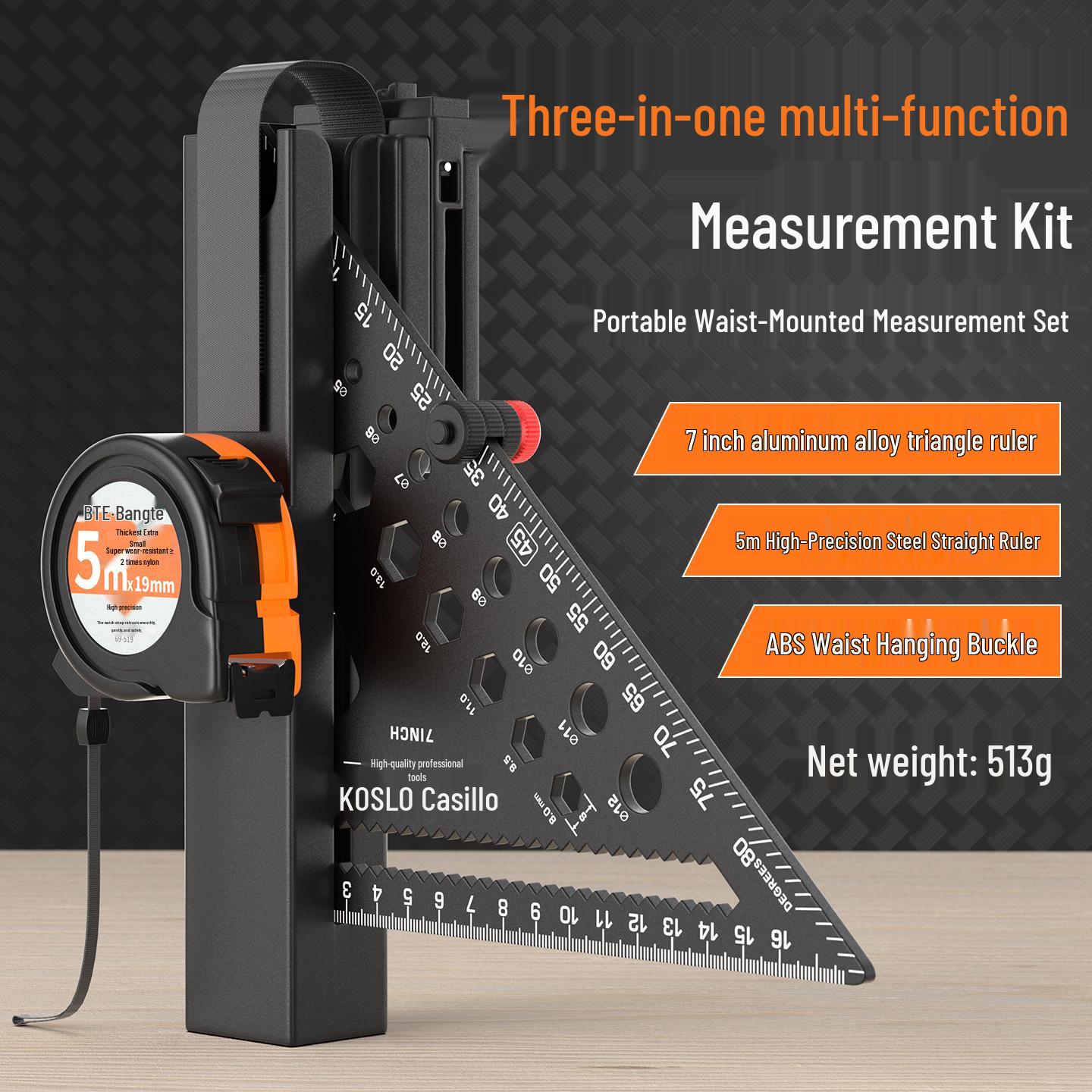 5m Stainless Steel Right Angle Ruler: High Precision 90° Woodworking Square with Aluminum Alloy Triangle Plate Hanger Set.