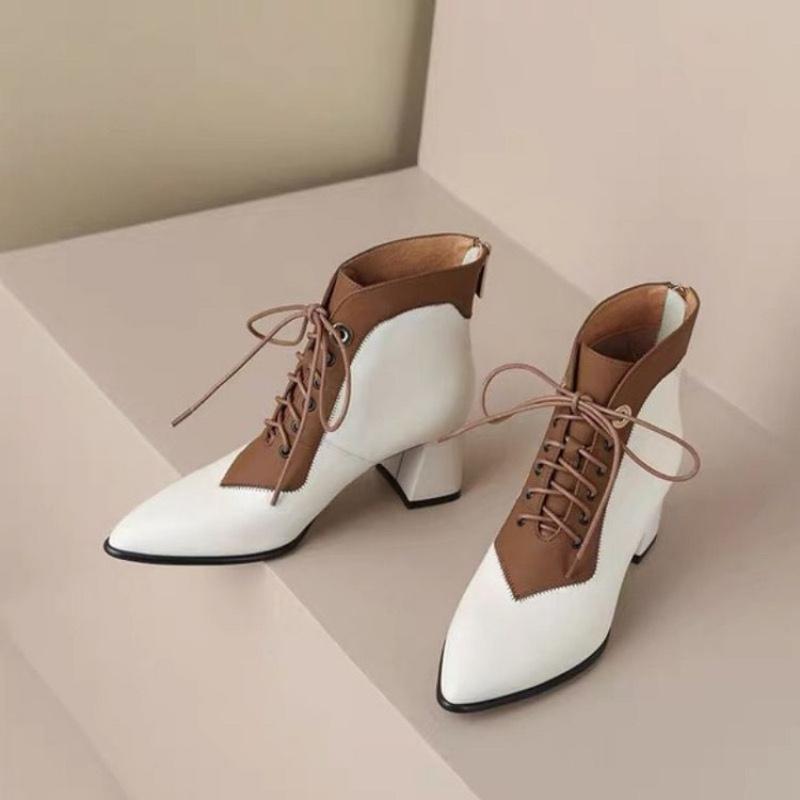 Nya Dam Franska Spetsiga Tå Ankelstövlar - Grov Klack Snörning Klänningsstövlar, Brittisk Stil Höst/Vinter Mode Boots