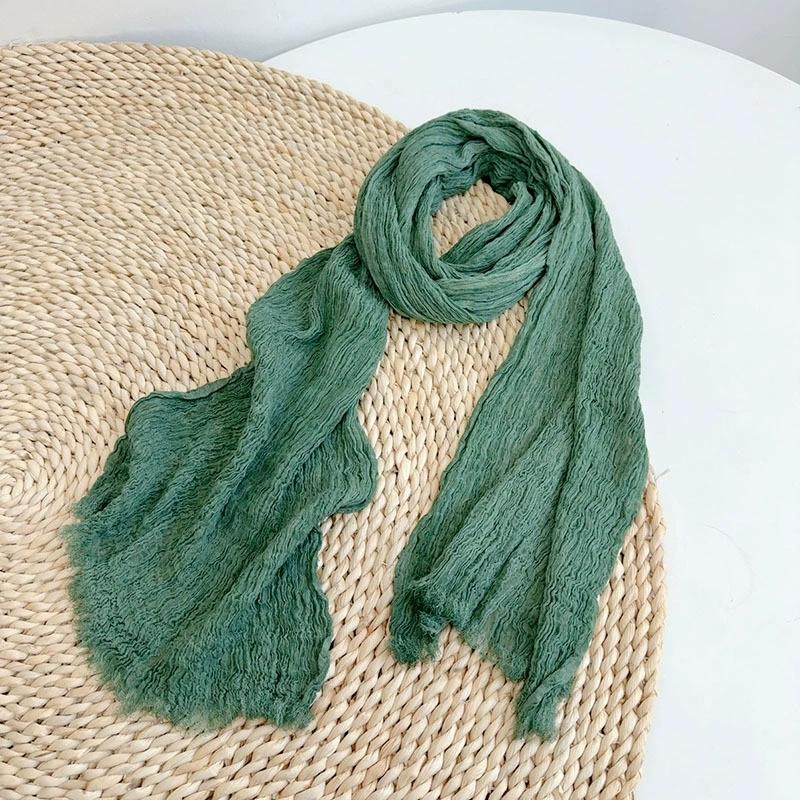 Solid Color Cotton Crinkled Scarf for Women Retro Neck Warmer Decorative Narrow Long Striped Scarf Wrap Shawl for Autumn 220cm