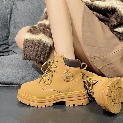 Mode 2024 Mode Runde Zehenpartie Damen Plateau Rutschfeste Leder Stiefeletten Schnürstiefel Outdoor Casual Damenstiefel Botas Mujer