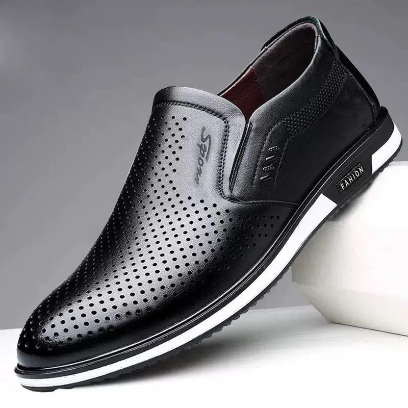 Fashion White Leather Shoes for Men in The Summer of 2025new Breathable Hollowed Dress Shoes Men Men Driving Shoes British Leather Shoe