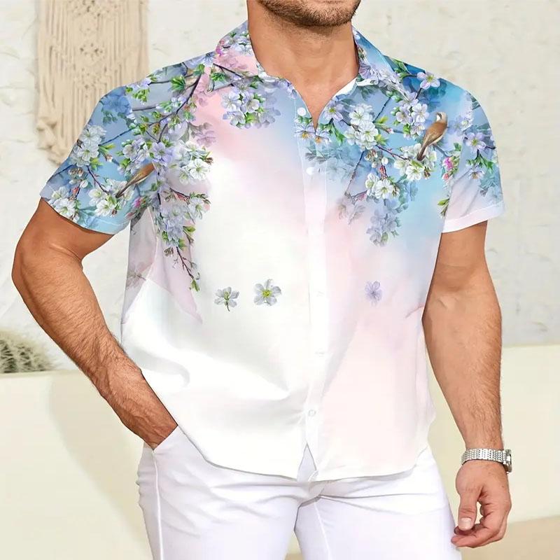 3D Digital Printed Floral Pattern Men's Short Sleeved Lapel Shirt for Summer Beach Activities and Entertainment