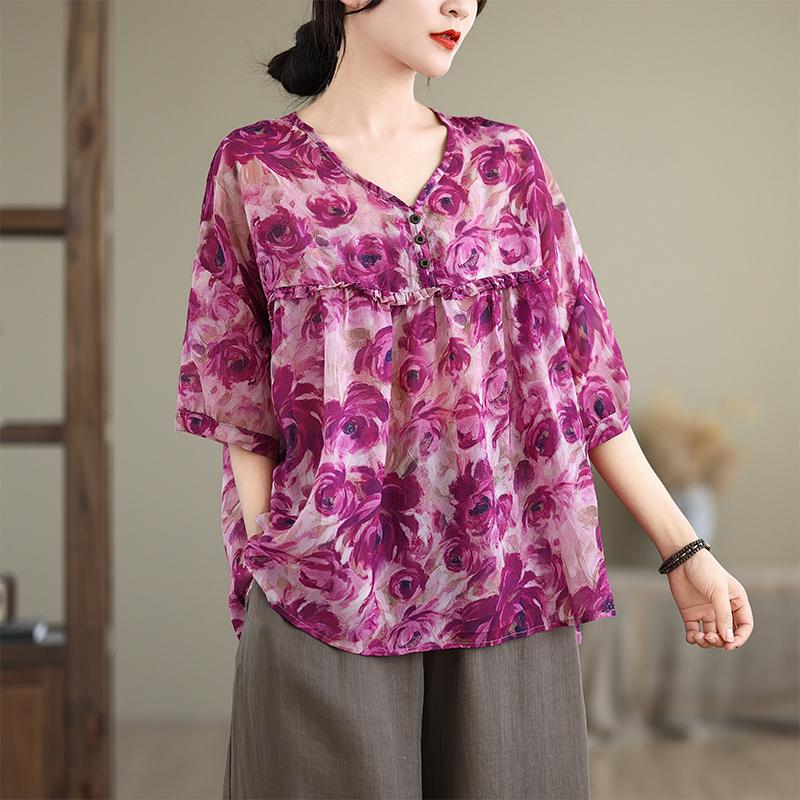 

DIMANAF 2025 Летние топы больших размеров из хлопка с V-образным вырезом Футболка женская с цветочным принтом Винтажные свободные футболки с коротким рукавом XL фиолетовый