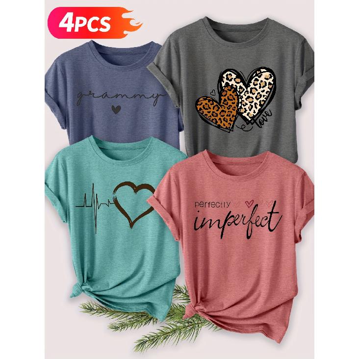 Four-piece set of elegant short-sleeved tops for women Leopard print heartbeat line print fashion retro style women's spring, summer, autumn, winter