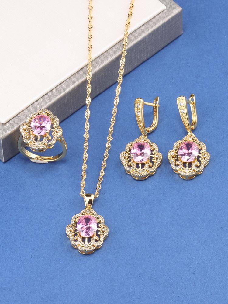 12-Colors Colorful Zircon Jewelry Accessories Gold Plated Bridal Wedding Sets Necklace And Earrings Ring For Women Gift