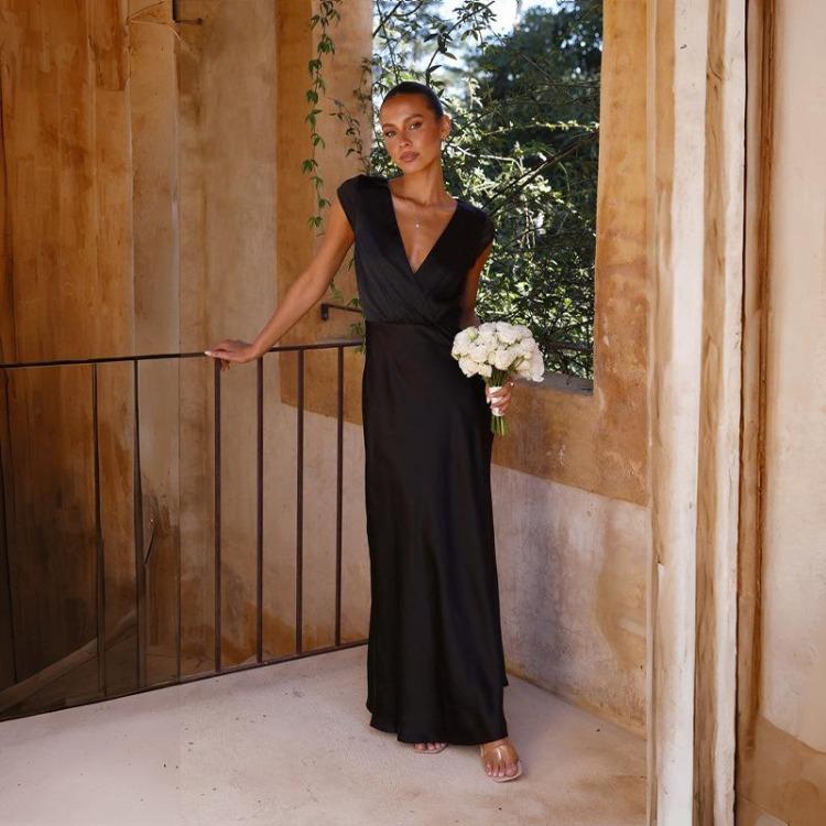 

Жіноча сукня з V-подібним вирізом, високою талією, однотонна, з коротким рукавом, довжини до щиколотки XL чорний