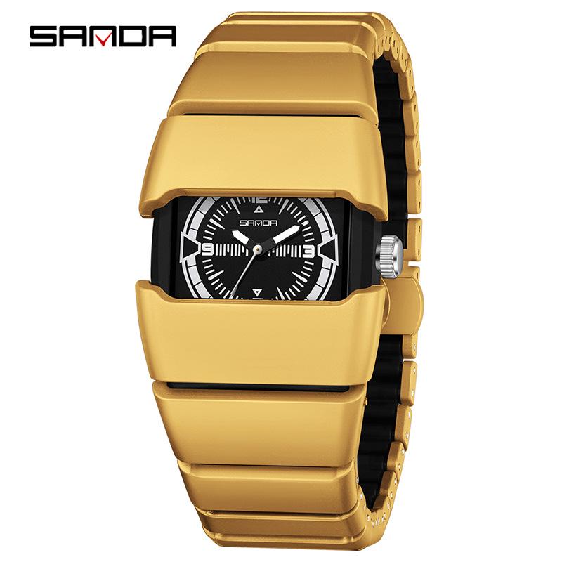 Sanda Millennium Style Men's Quartz Watch with Black Tech Armored Strap, Waterproof & Luminous.