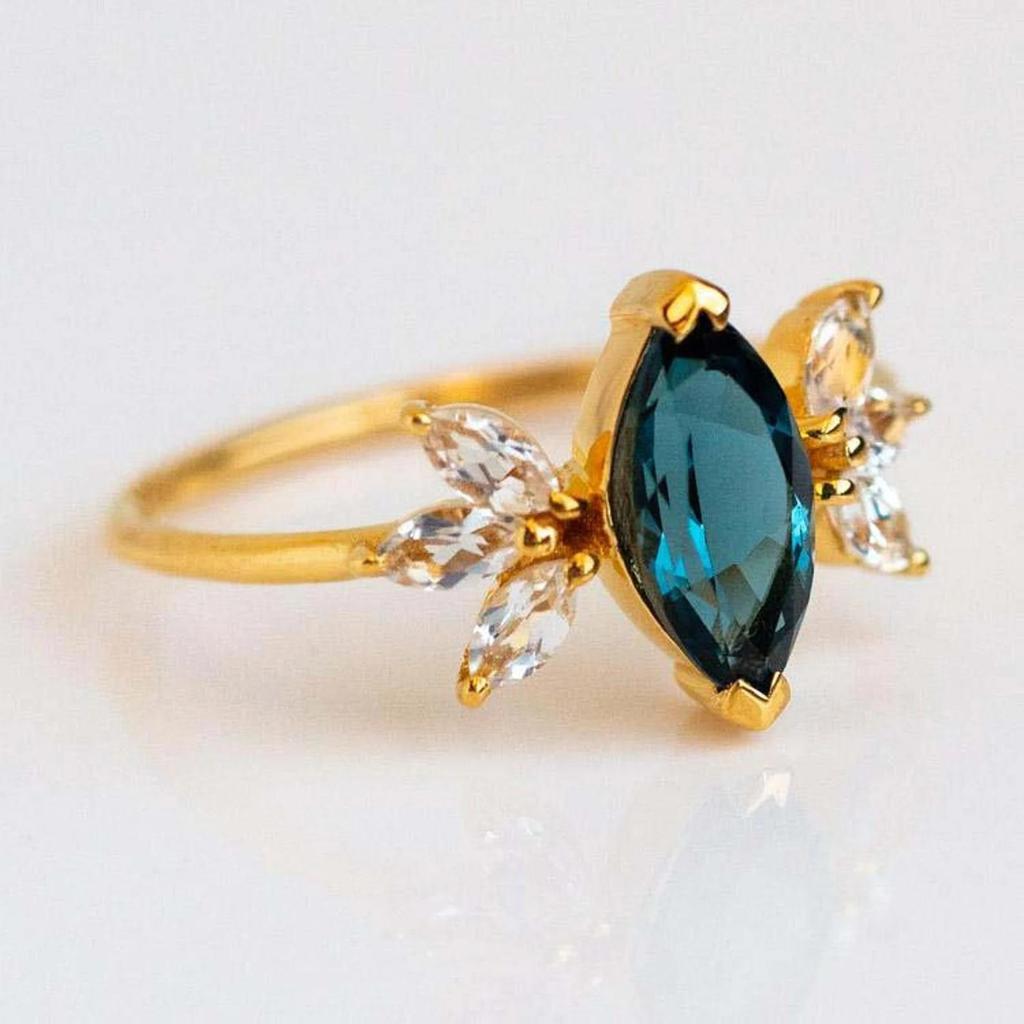 Marquise Cut Teal Green Sapphire Gemstone Ring – Gold Plated Leaf Design Engagement Ring, Vintage Anniversary Jewelry Gift for Women