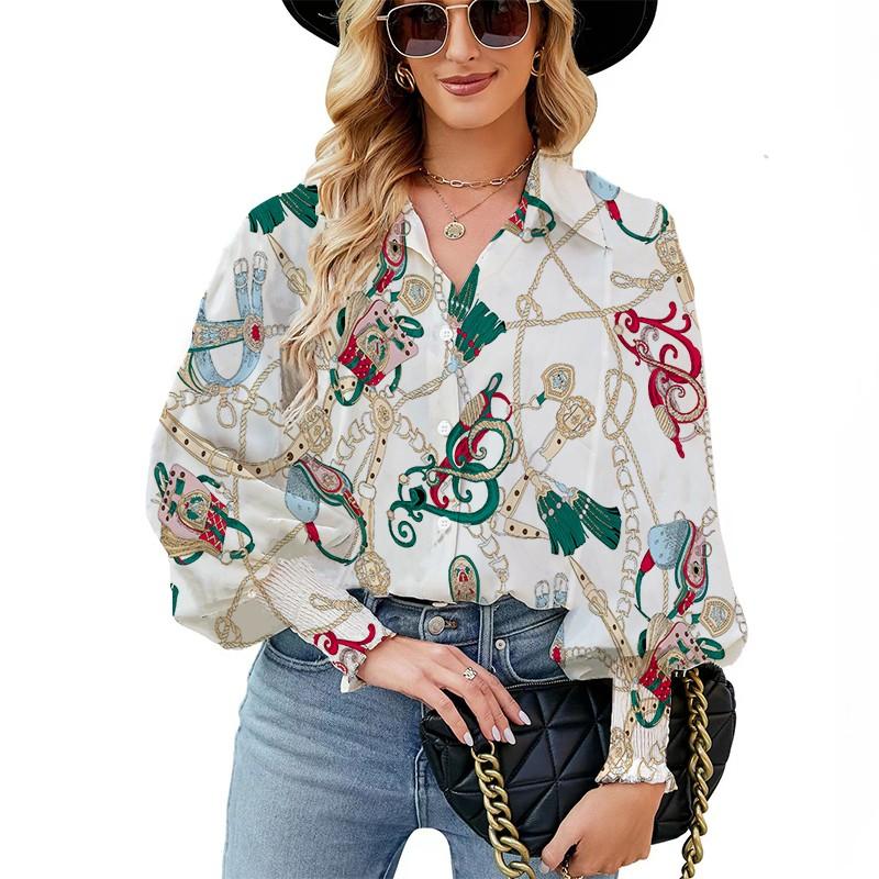 

Женская повседневная рубашка, свободная пригородная одежда, однобортный топ с объемными рукавами и лацканами с 3D-цепочкой