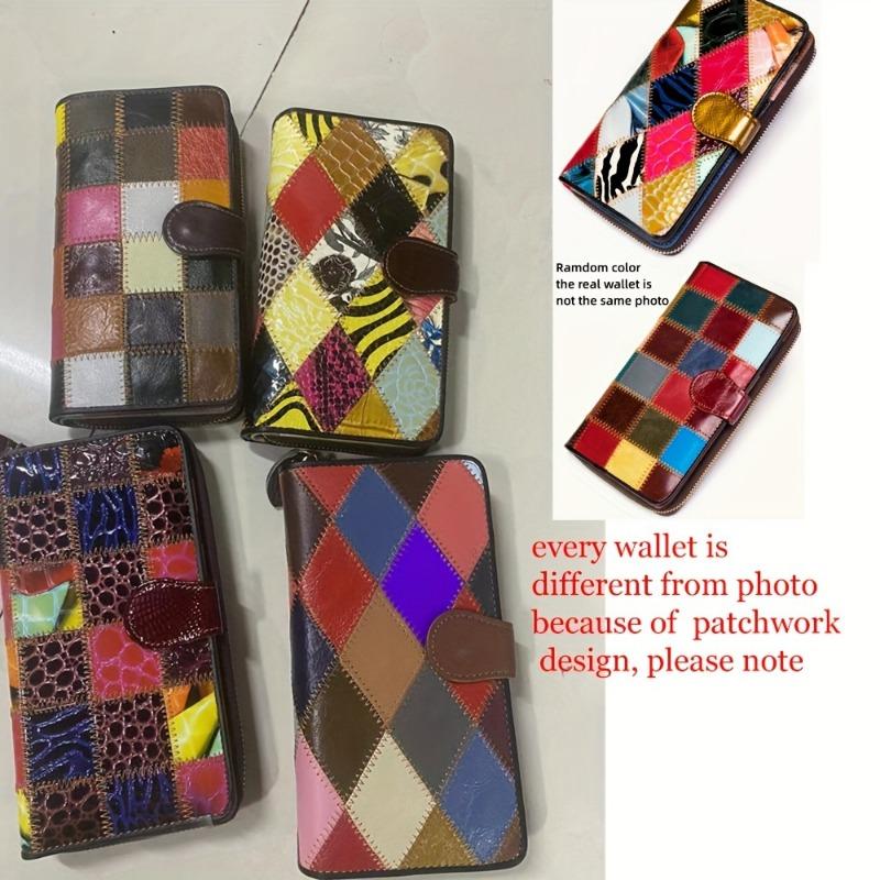 Genuine Leather Bifold Wallet, Vintage Colorblock Coin Purse, Retro Patch Work Credit Card Holder