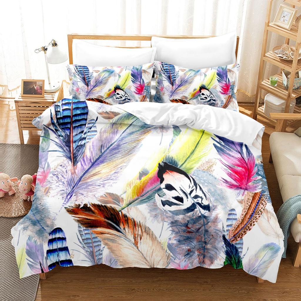 Home Bedding Set Feather Pattern Quilt Cover and Pillow Cover Bedding Set AU/EU/US Full Size Bedding Set